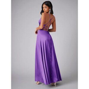Crisscross Backless Wrap Satin Cowl neck maxi Dress dark green